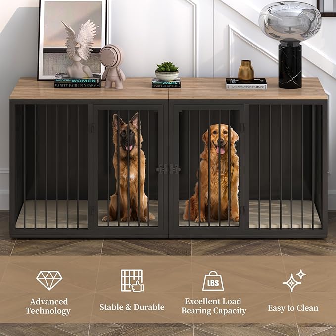 Large Dog Crate Furniture for 2 Dogs, 71.6'' Steel Frame Dog Crate with Double Doors, Heavy Sturdy Kennel for Small Medium Large Dogs, Indoor Double Dog Cage (Black)