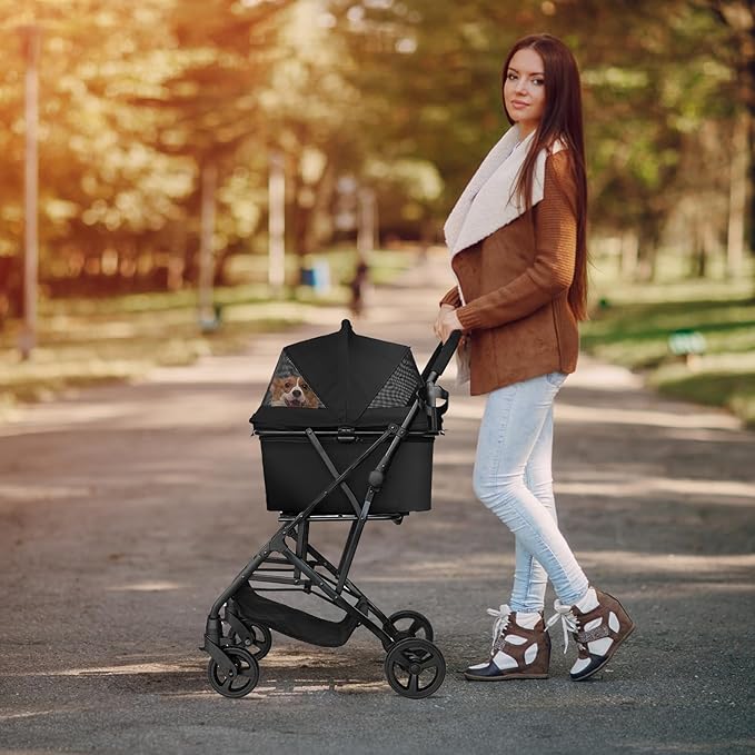 3 in 1 Dog Stroller, Lightweight Foldable Pet Stroller for Small/Medium Dogs Cats Up to 33lbs with Detachable Carrier, Storage Basket and Cup Holder - Black