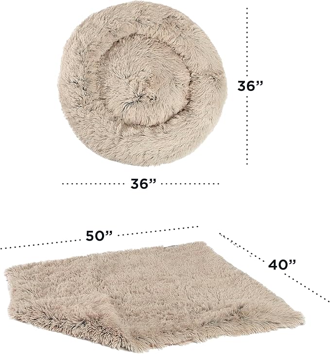 Best Friends by Sheri Bundle Set The Original Calming Shag Donut Cuddler Cat and Dog Bed + Pet Throw Blanket, Taupe, Large, 36x36