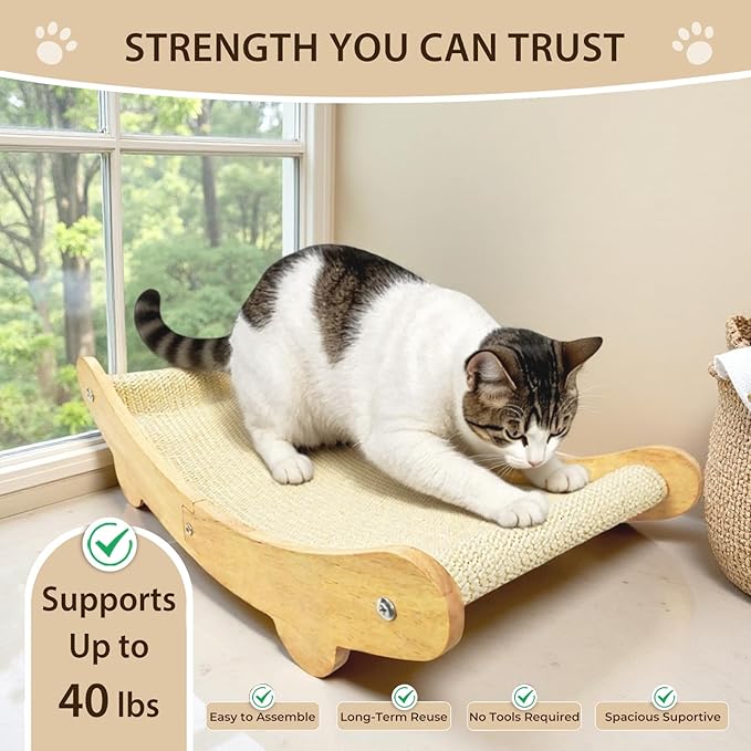 2-in-1 Natural Sisal Cat Scratcher Bed for Indoor Cats – Large Wooden Hammock Lounge Furniture with Solid Oak Frame, Easy Assembly for Large Cats Resting & Scratching