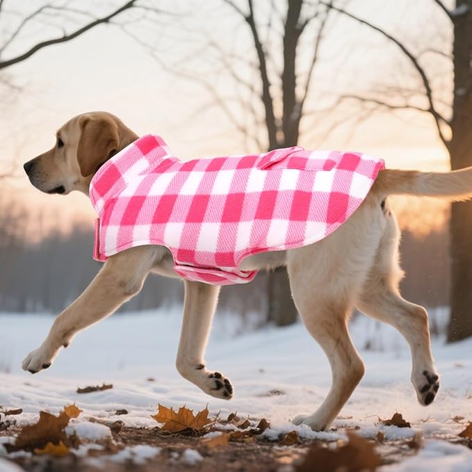 ASENKU Dog Winter Coat, Fleece Doggie Jacket Plaid Reversible Vest Waterproof Windproof Cold Weather Clothes for Small Medium Large Dogs (XXL, Pink)