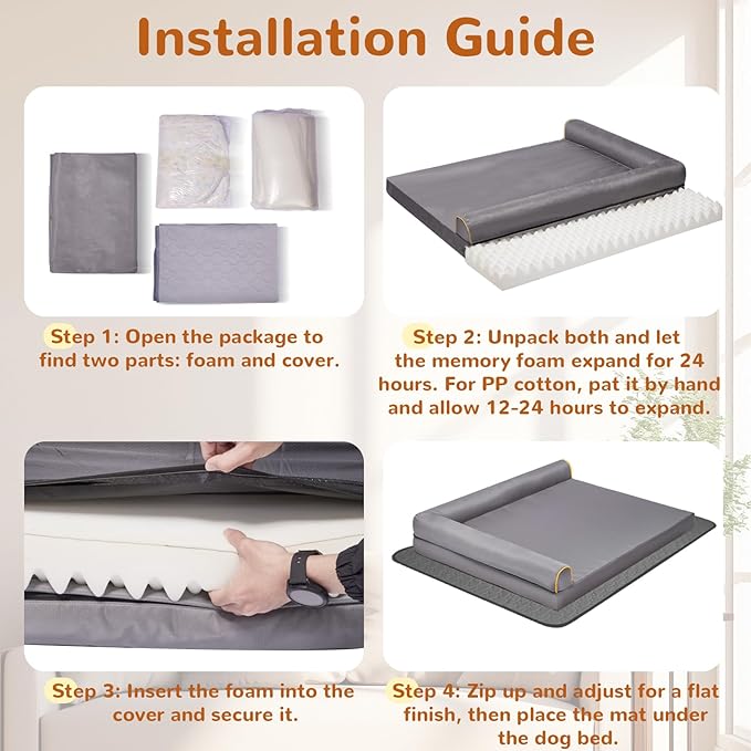 XL Dog Bed Orthopedic Memory Foam Pet Bed Waterproof with Anti-Slip Mat Washable Big Dog Couch Indestructible (Grey)