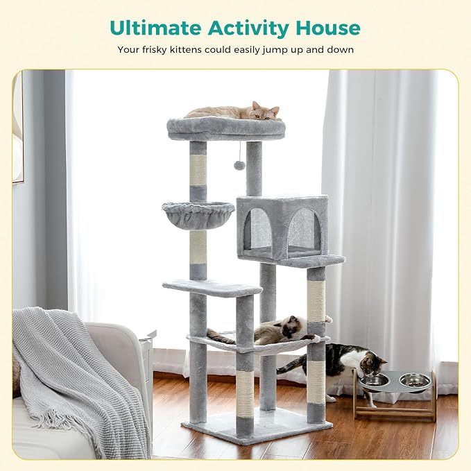 PAWZ Road Cat Tree, 56 Inches Tower Condo with Large Top Perch & Hammock, Cat Tower with Scratching Posts for Indoor Cats,Gray