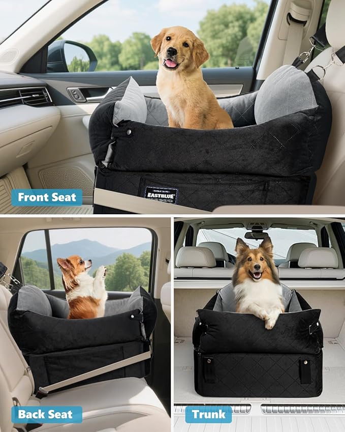 EASTBLUE Dog Car Seat for Small Medium Dogs Up to 35 lbs, Memory Foam Dog Booster Car Seat with Seatbelt, Detachable Washable Pet Carseat for Puppy & Cat, Dogs Travel Bed for Cars (Black/Grey)