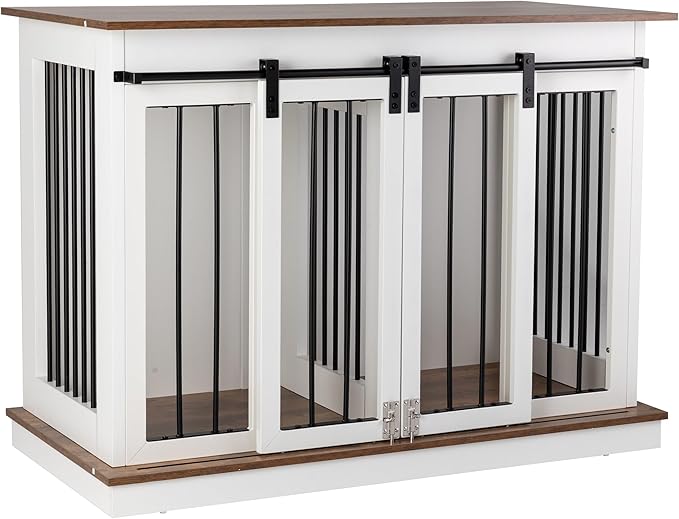 Sunseen Dog Crate Furniture with Divider,Wooden Dog Kennel End Table,Large Breed Dog House Indoor for One Large Dog or Two Small Dogs,Double Doors,47''W*24''D*35''H,White