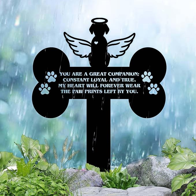 Dog Grave Marker Angel Cross – Pet Remembrance Gift for Loss of Dog, Weatherproof Metal Headstone for Yard, Garden or Indoor Memorial, 12in Sympathy Tribute Sign