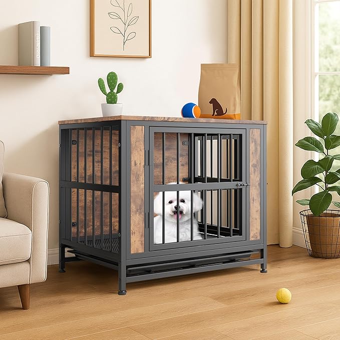 Rustic Small Dog Cage Furniture, Brown Wooden Dog Crate Kennel Furniture, Decorative Dog House Indoor End Table for Small Dog