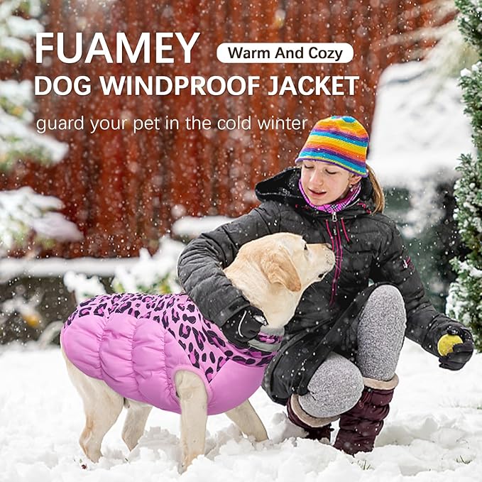 FUAMEY Dog Coat for Large Dogs,Waterproof Dog Winter Jacket with Harness Built in Puppy Cold Weather Coats Reflective Pet Vest with Zipper Warm Fleece Dogs Snowsuit Windproof Pink Leopard XXXL