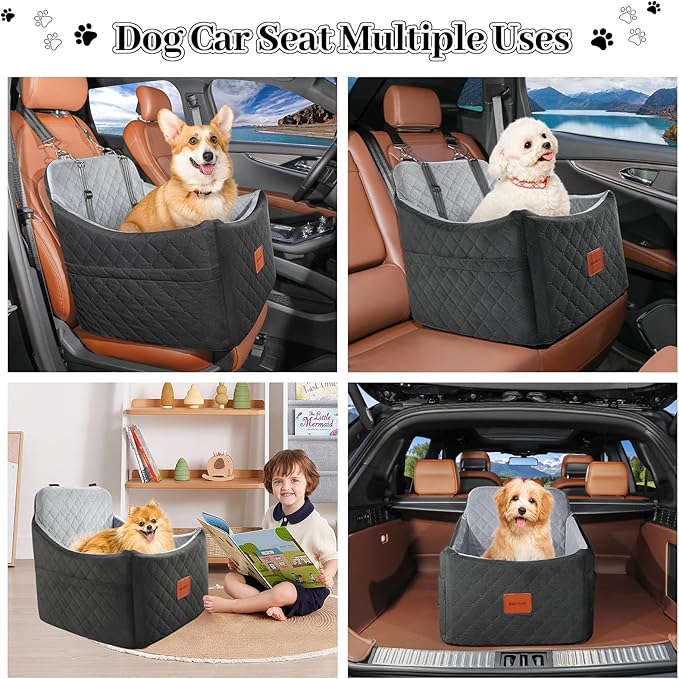 Dog Car Seat for Small Medium Dogs,Detachable Washable Dog Booster Seat Under 35lbs, Pet Car Seat Travel Bed with Storage Pockets and Safety Belt (Black/Grey, Medium)