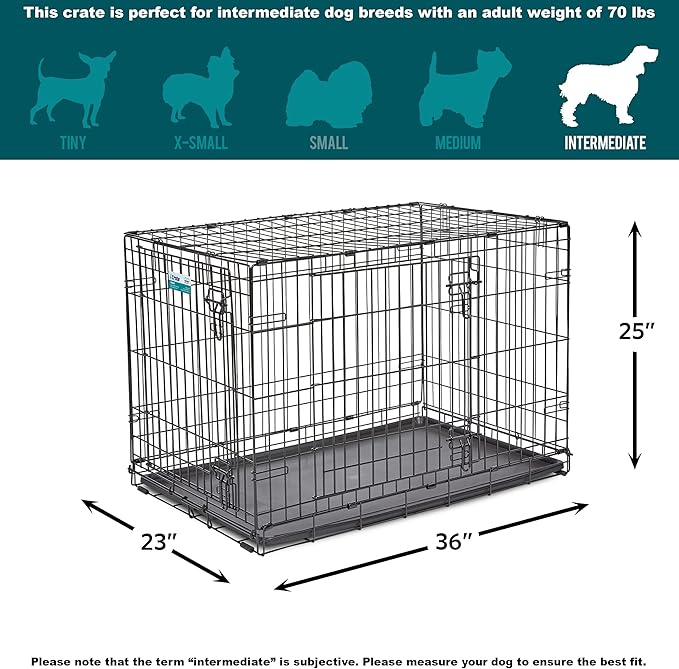 MidWest Homes for Pets 36-Inch Two-Door iCrate Folding Dog Crate with Divider Panel, Leak-Proof Tray & Secure Latches – Metal Wire Kennel for M-L Breeds – Portable, Durable & Easy to Assemble