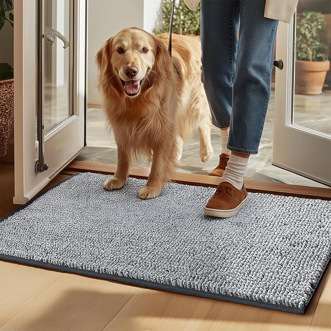 EHEYCIGA Super Absorbent Dog Door Mat for Muddy Paws 24x16 Inch Indoor, Front Doormat Outside Entrance, Quick Dry Chenille Washable Dog Crate Bed, Non-Slip Pet Rug Mud Mat Outdoor Entryway, Grey