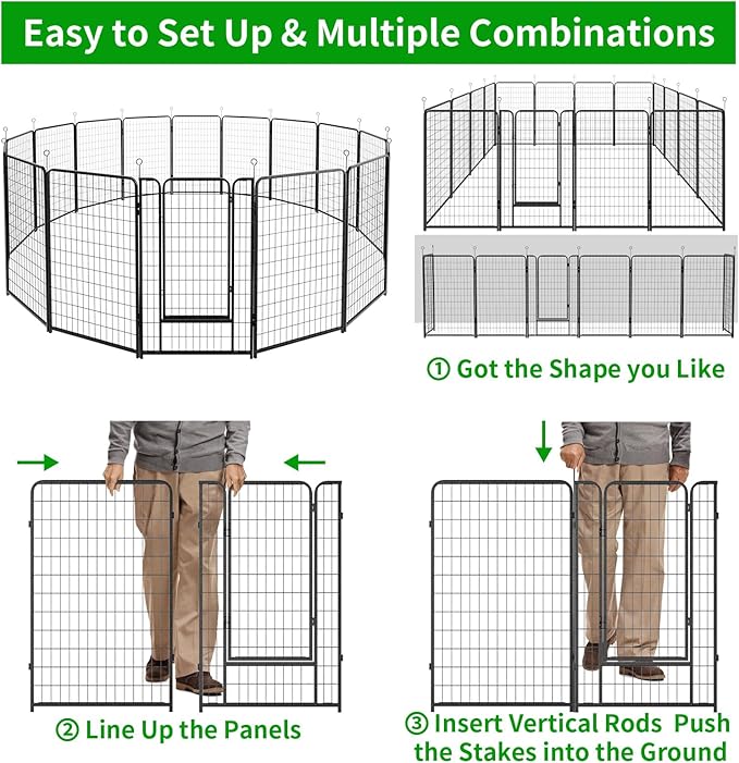 Dog Playpen Outdoor Extra Wide 16 Piece Panels Heavy Duty Dog Fence 50" Height Anti-Rust with Doors Portable for RV Camping Yard, Total 42FT, 140 Sq.ft, Snowy Black