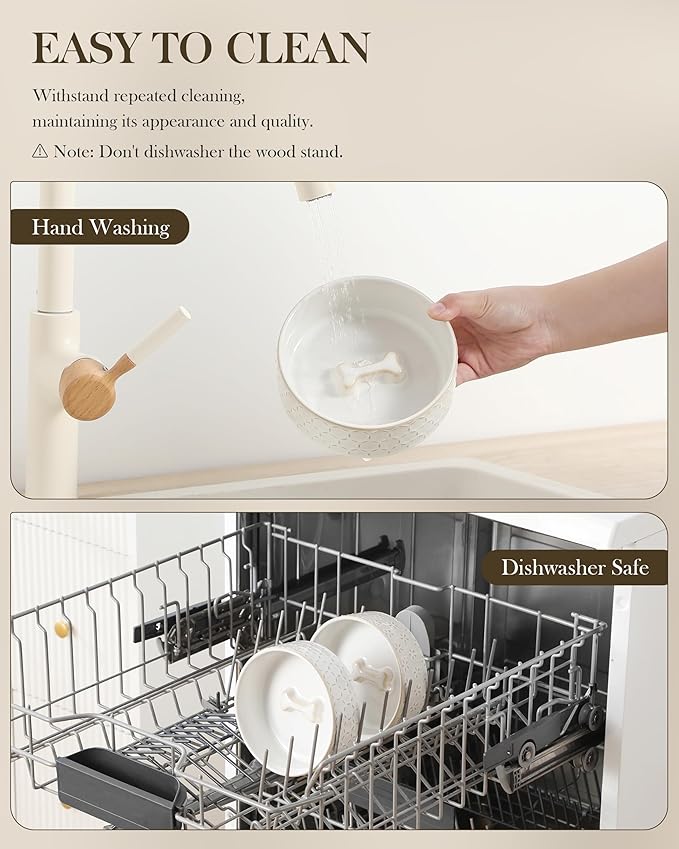 MALACASA Dog Bowl Set with Walnut Wood Stand, 1.5 Cups Ceramic Pet Bowls for Puppy Dogs, Dual Food and Water Bowls with Non-Slip Base, Basic Bowls for Your Dog or Cat, Five-Leaf Grass & Honeycomb