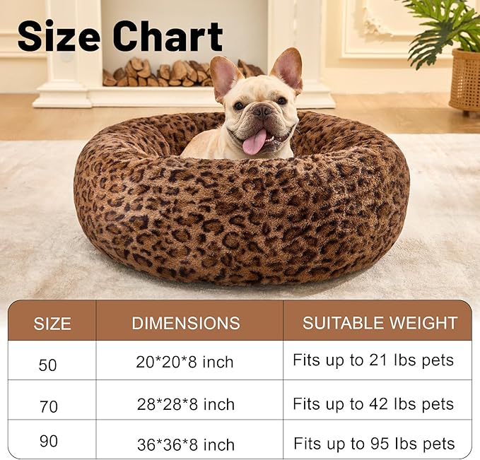Dog Calming Beds for Small Medium Large Dogs - Round Donut Washable Puppy Dog Bed, Anti-Slip Faux Fur Fluffy Donut Cuddle Anxiety Cat Pet Bed (20" Leopard Print)