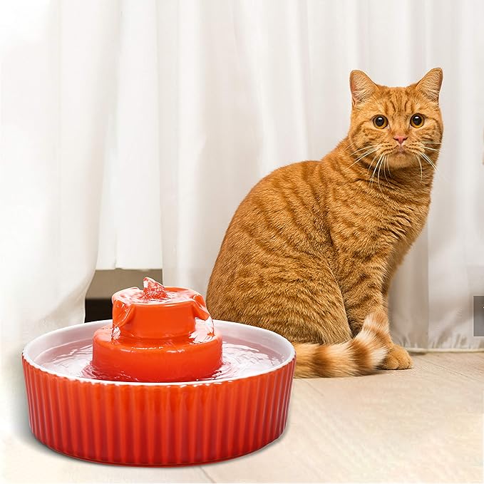 Ceramic Cat Water Fountain, 2.1L/71oz Pet Fountain for Dog and Cat, 3 Carbon Filters and 2 Water Pumps (Orange)