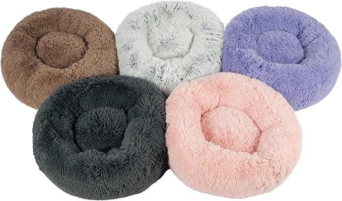 Best Pet Supplies Round Donut Dog Bed with Plush Faux Fur Fabric, Calming, Anti-Anxiety Cushion for Indoor Pets, Slip-Resistant Base, Soft Ergonomic Support - Lavender, 20x20x6''