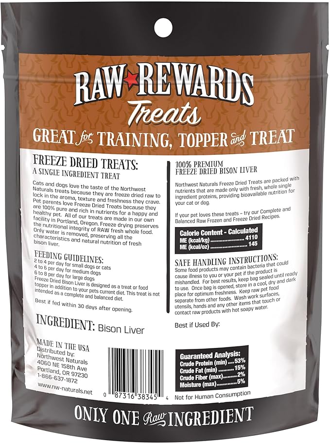 Northwest Naturals Raw Rewards Freeze-Dried Bison Liver Treats for Dogs and Cats - Bite-Sized Pieces - Healthy, 1 Ingredient, Human Grade Ingredients, All Natural, Proudly Made in USA, 3 Oz