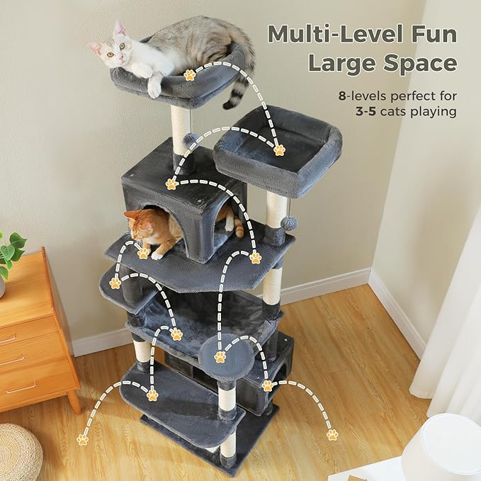 PAWZ Road Large Cat Tree, 72 Inches Cat Tower for Large Cats, Cat Condo with Sisal-Covered Scratching Posts and Pads, 2 Padded Perch, Dual Condo and Basket for Indoor Cats-Dark Gray