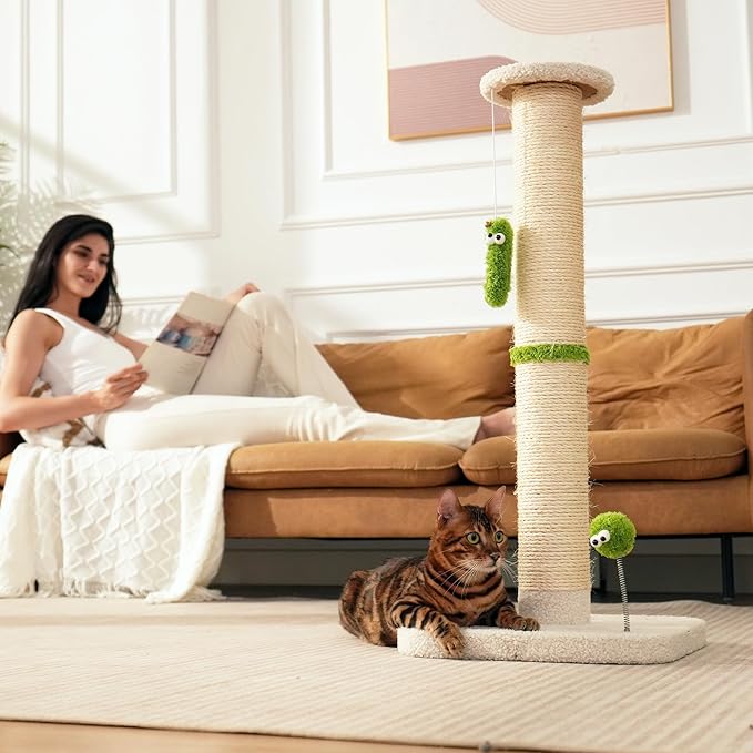 TINYBEAST 34.7" Tall Cat Scratching Post, 3 in 1 Sisal Cat Scratcher, Heavy Duty 4.3" Diameter Cat Tree with Hanging Bell Ball Toy and Reinforced Stable Base for Indoor Adult Cats & Kittens(Beige)