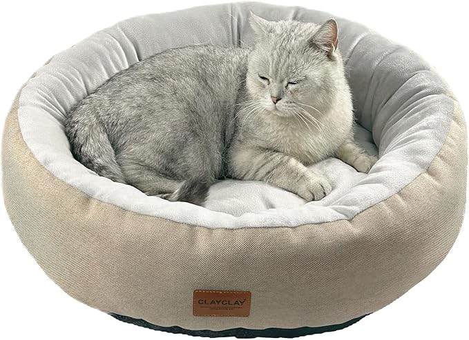 CLAYCLAY Cozy Round Cat Bed – Soft, Comfortable Cushion for Cats & Kittens – Non-Slip, Machine Washable, Plush Sleep Bed for Cats, Ideal for Resting & Napping (Khaki & Large)