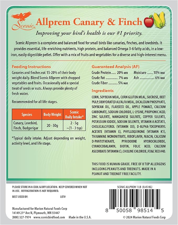 Scenic Allprem Canary and Finch Bird Food | Formulated Diet | Apple and Corn Flavor | 1 Pound Bag (1 LB)