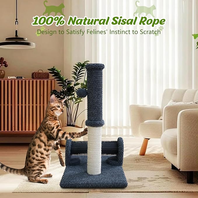 Cat Scratching Post with Cat Hair Brush & Interactive Ball, 22 Inch Sisal Cat Scratch Tower, Durable Thick Fabric Cat Scratcher for Indoor Cats, Kitten Exercise Play Furniture, Dark Grey