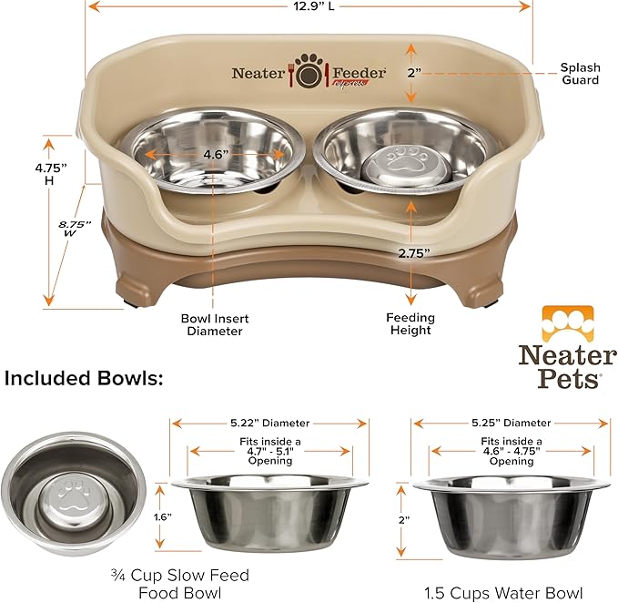 Neater Feeder Express Mess Proof Dog Bowls Elevated for Small Breeds Under 15 Lb, Made in USA, No Spill Raised Dog Food Bowl Stand, Stainless Steel Slow Feed and Standard Water Bowl Set, Cappuccino