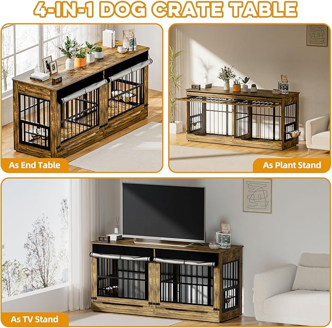 78" Double Dog Crate Furniture with Divider, Thick Wooden Indoor Dog Kennel Furniture with Swivel Bowls for 2 Dogs, Decorative Pet Cage End Table with Wheels for Extra Large Breed, Rustic Brown