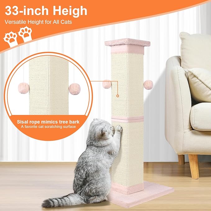 Cat Scratching Post 33 Inch Nature Sisal Cat Scratch Post for Indoor Cats, Large Cat Scratcher Protect Your Furniture Pink