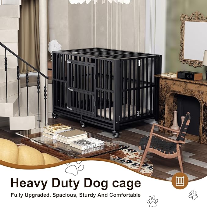 Polar Aurora Heavy Duty Dog Crate, Foldable Indestructible Dog Kennel, Escape Proof Extra Large Dog Cage with Lockable Wheels, High Anxiety Pet Playpen with Double Door for Indoor/Outdoor Use. (60in)