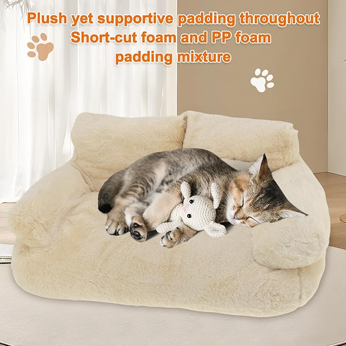 Cat Sofa, Pet Bed with Bolstered Edges, Extra Plush Sponge Padding, Cat Beds for Indoor with Removable Washable Cover, Non-Slip Bottom, Brown