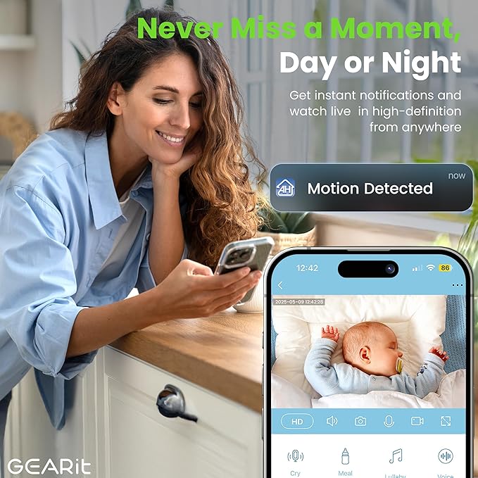 GEARit Baby Monitor with Camera & Audio 2K Video with Motion & Crying Detection, 2 Way Audio Easy WiFi Setup, Remote Monitoring - Easy to Set Crib Monitor with Adjustable Stand