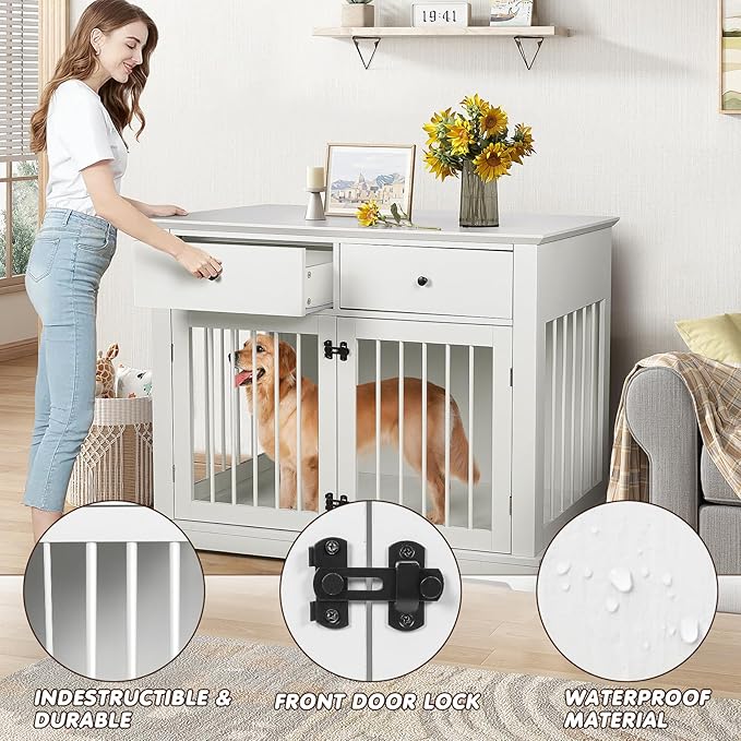 PUKAMI 44inch Dog Crate Furniture with Drawers,Wooden Dog Kennel Furniture for Large Breed,White End Table Wood Dog House for Indoor use,for Small/Medium/Large Dog