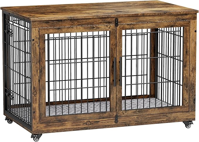 Lulive Dog Crate Furniture, XL Wooden Dog Kennel Indoor Double Doors Dog Cage, 44'' Heavy Duty Dog Crate with Cushion & Wheels, Decorative End Table Pet House Chew-Resistant for Large Dogs, Brown