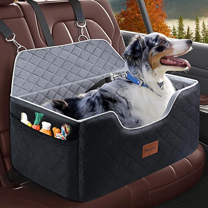 Dog Car Seat for Large-Medium Dogs: Pet Car Seat, Detachable Washable Dog Booster Seat, Pet Travel Bed with Storage Pockets and Dogs Safety Belt (Black, Large)