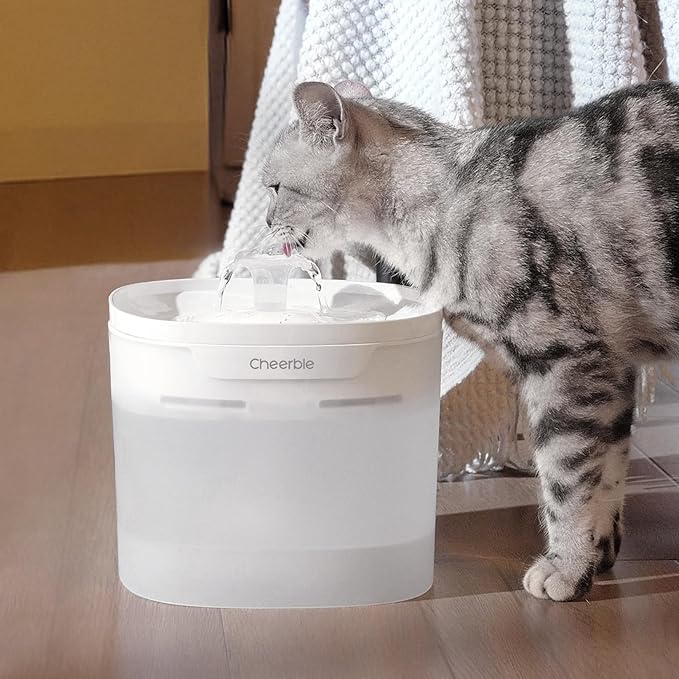 Cheerble Pumpless Cat Water Fountain, 2L/67oz Automatic Pet Fountain, Elfin E1 Lite Cat Fountain for Drinking, MagDrive™ Technology, Continuous Flow Mode, BPA-Free (White, 8 Filters)