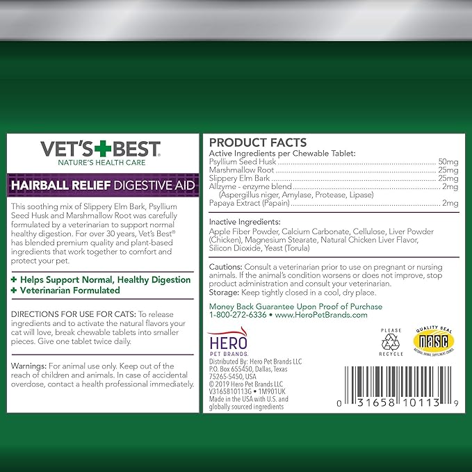 Vet’s Best Cat Hairball Relief Digestive Aid, Vet Formulated Hairball Support Remedy, Hairball Relief for Cats, Classic Chicken Flavor, 180 Chewable Tablets