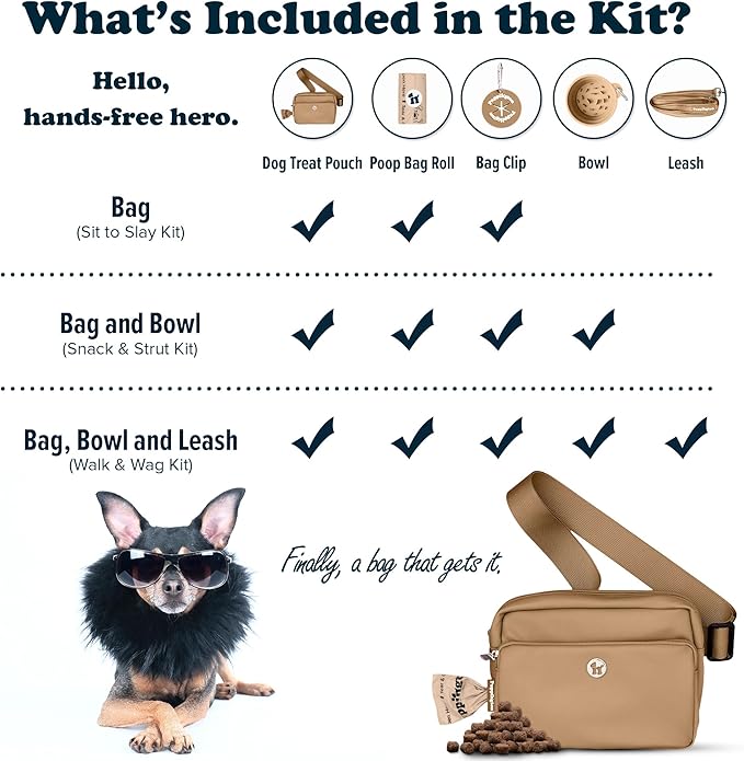 Puppington 3-in-1 Crossbody Dog Walking Bag & Treat Pouch with Matching Planet Safe Poop Bags & Built-In Dispenser - Dog Mom Gift for Puppy Training with Zippered Pockets (Latte Beige)
