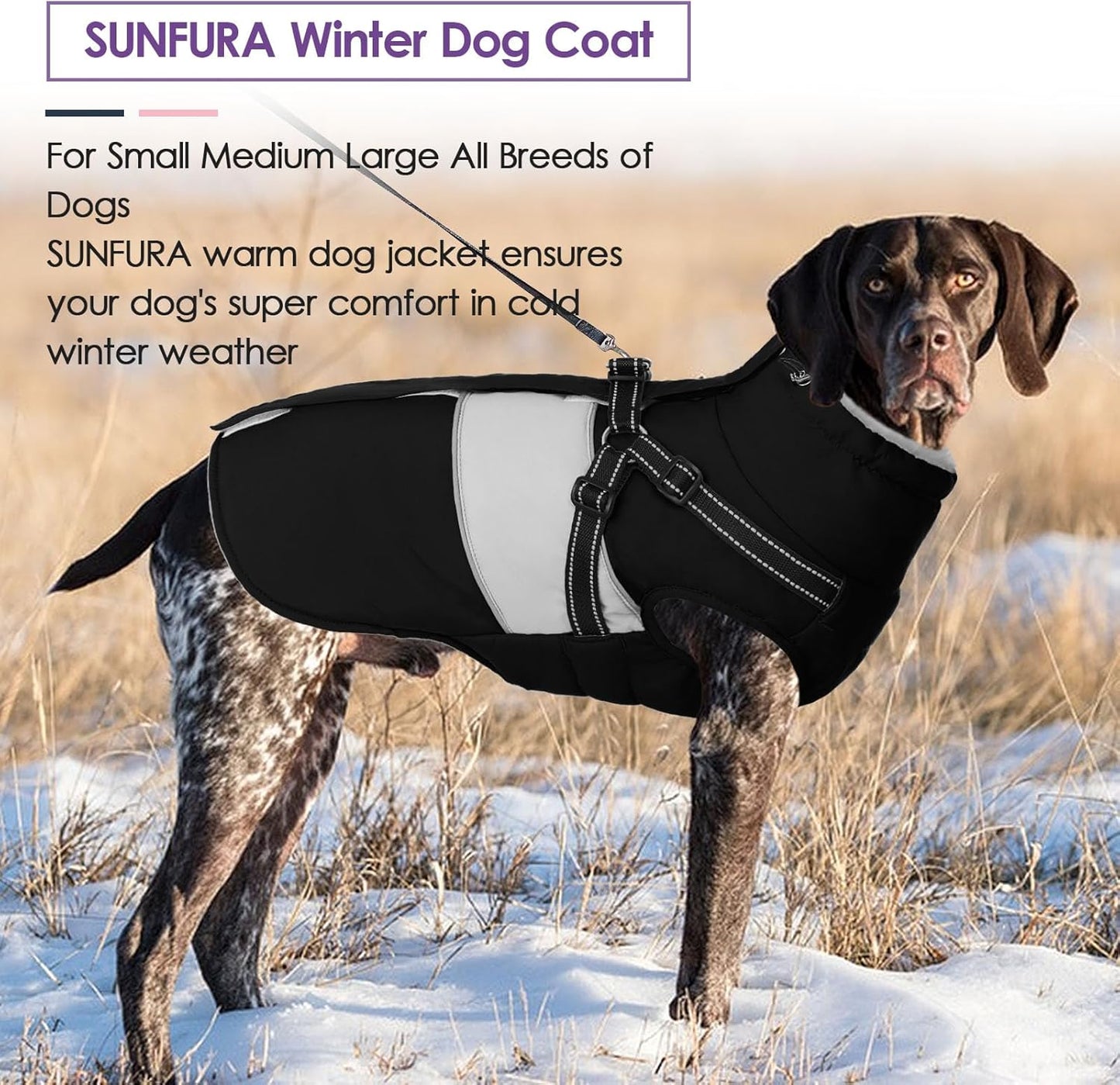 SUNFURA Dog Coat, XXL Dog Jacket Winter with Harness Built in, Waterproof Pet Snow Jacket with Furry Collar for Chilly Day, Reflective Fleece Snowsuit for Extra Large Dogs, Black 2XL