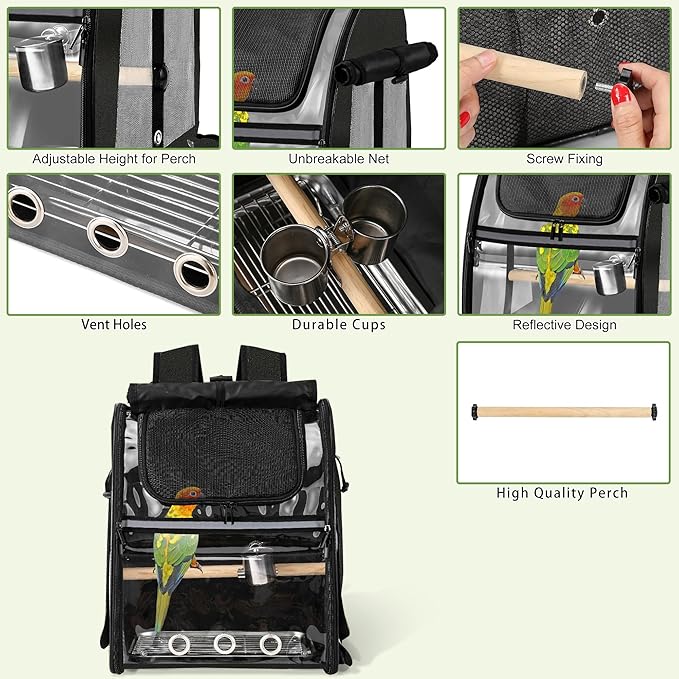 Sanmoncare Bird Carrier Backpack with Stainless Steel Mesh, Parrot Travel Cage with Stand, Easy to Clean, Portable Conures Travel Bag, Pet Breathable Travel Cage