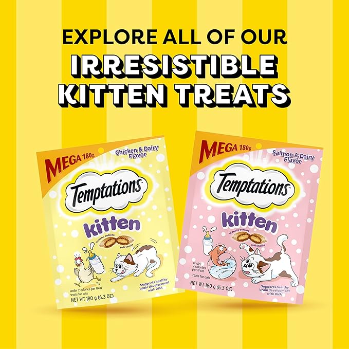 Temptations Kitten Crunchy and Soft Treats Chicken and Dairy and Salmon and Dairy Variety Pack, 6.3 oz. Pouches (Pack of 4)