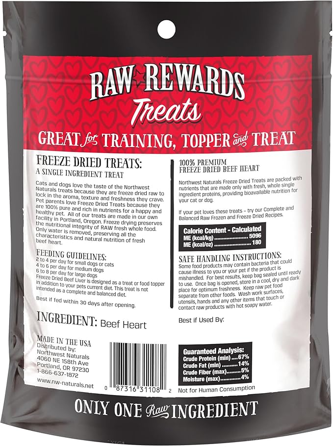 Northwest Naturals Raw Rewards Freeze-Dried Beef Heart Treats for Dogs and Cats - Bite Sized Pieces - Grain Free - 1 Ingredient - Healthy - Human Grade - All Natural - USA Made - 3 Oz