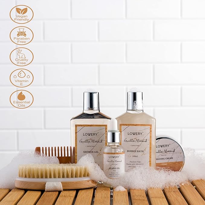 Birthday Gifts for Men, Spa Gift for Him, Dad, Mens, Husband - 11pc Vanilla Almond Unique Grooming Self Care Baskets, Personal Beard Care Gifts for Men Who Have Everything