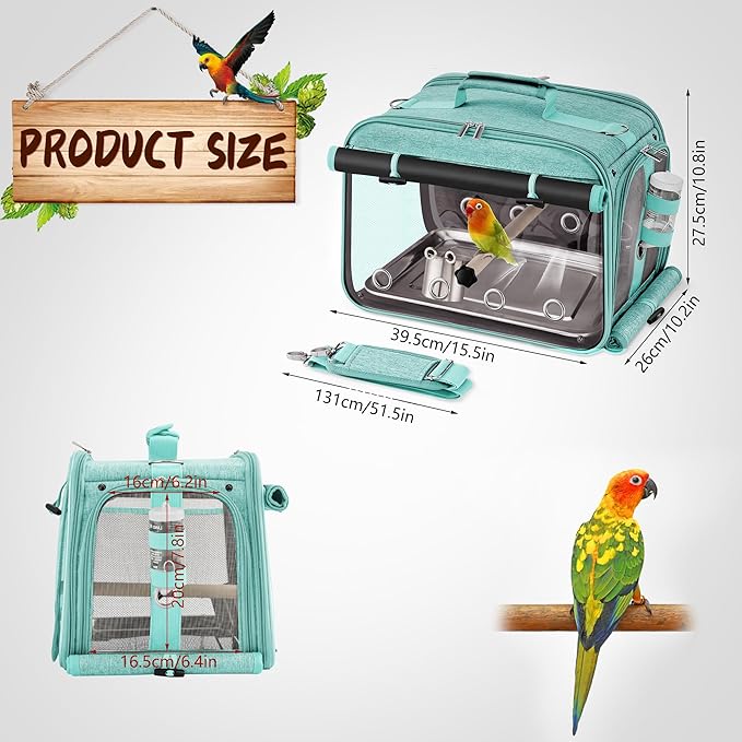 Suertree Bird Carrier Airline Approved, Bird Travel Cage with Indestructible Stainless Steel Mesh, Bird Travel Bag Lightweight and Portable with Water Bottle and Bowl