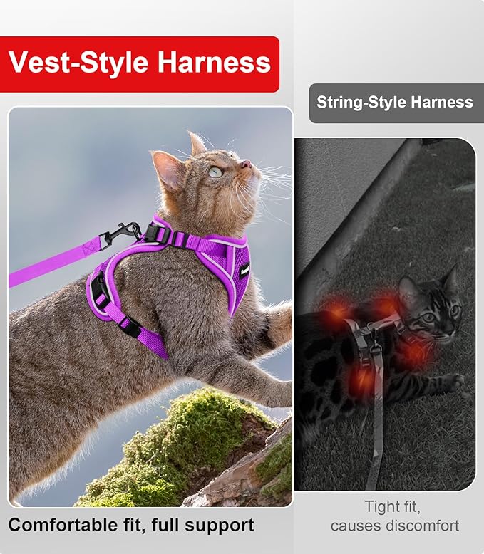 Cat Harness and Leash for Walking Escape Proof Soft Adjustable Cat Leash Breathable Comfortable Vest Easy to Wear Kitten Harness for Outdoor Travel Purple S