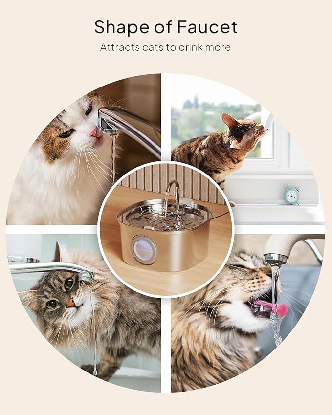 Cat Water Fountain, Pet Water Fountain for Cats/Dogs Indoor, Stainless Steel Cat Drinking Fountains with Water Level Window and 6 Filters + 6 Sponges(3.2L/108oz)