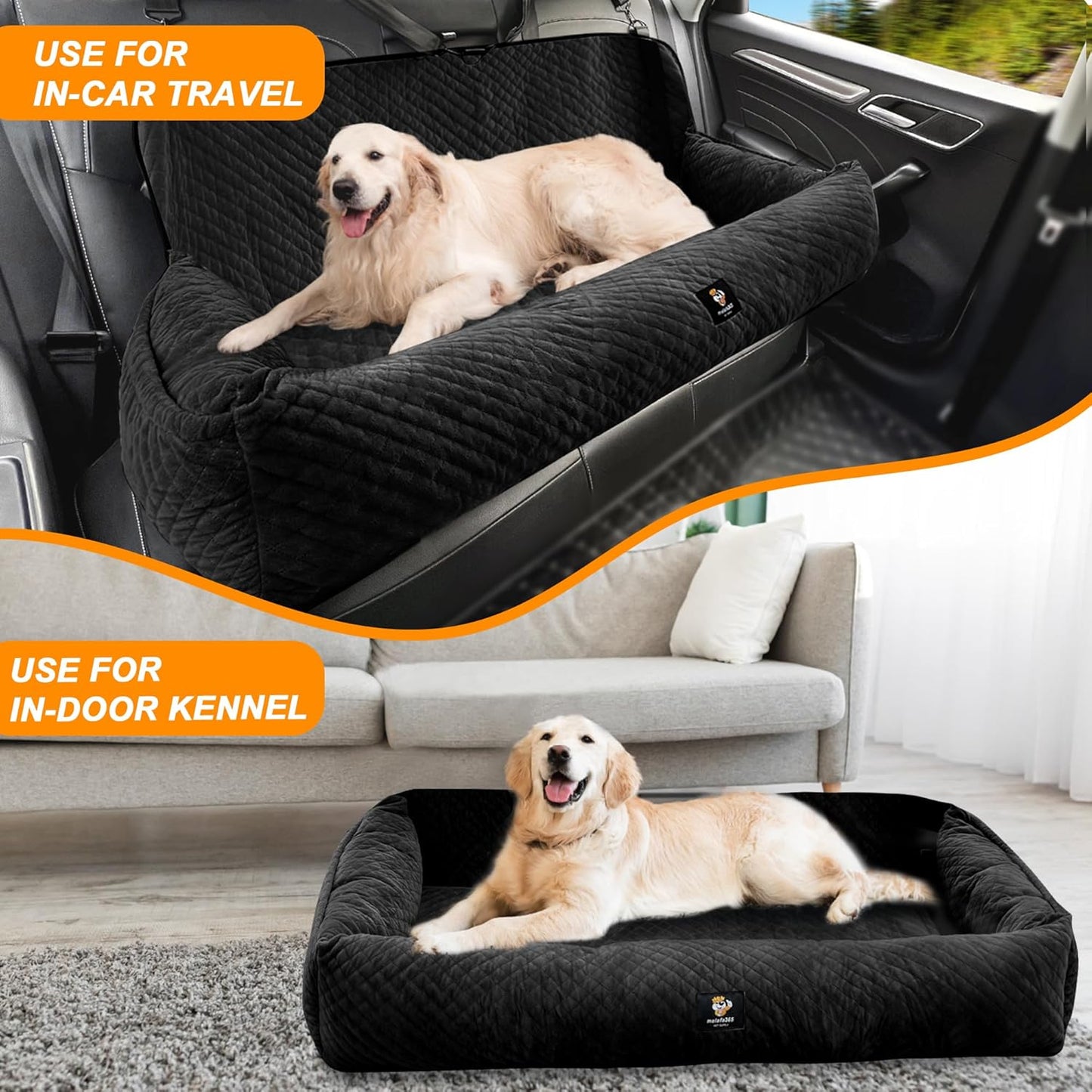 Dog Car Seat for Medium/Large Dogs Under 100 Lbs,Multi-Functional Dog Car Bed Washable Pet Travel Safety with Thick Cushion, Soft & Removable,for All Cars Back Seat (Black)