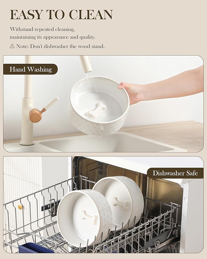 MALACASA Dog Bowl Set with Walnut Wood Stand, 6 Cups Ceramic Pet Bowls for Puppy Dogs, Dual Food and Water Bowls with Non-Slip Base, Basic Bowls for Your Dog, Five-Leaf Grass & Honeycomb