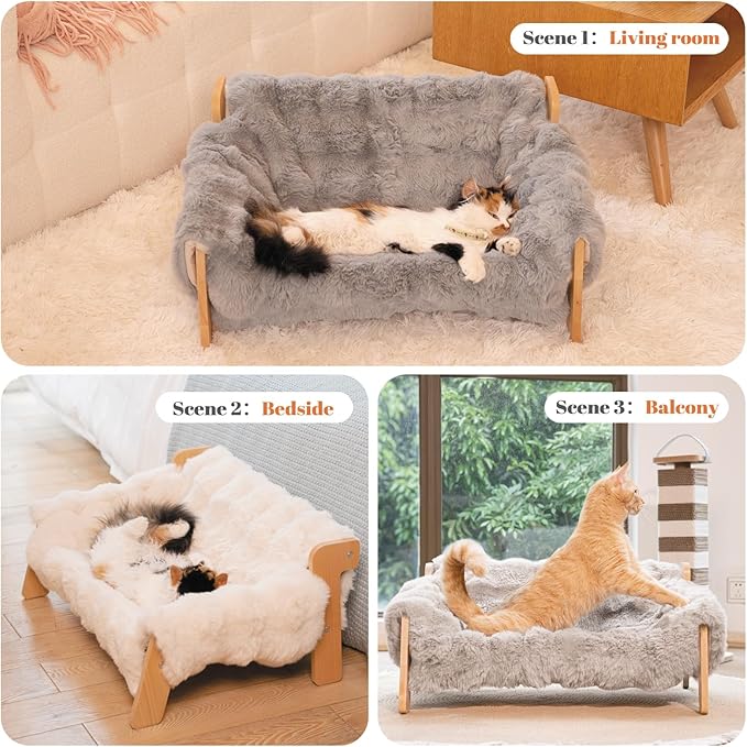 CHEERHOME PETS Elevated Cat Couch Bed for Indoor Cats, Wooden Cat Sofa with Removable Washable Fluffy Cover Raised Kitty Lounge Chair Suitable for Puppy(Cat Sofa,Khaki-Light Gray)