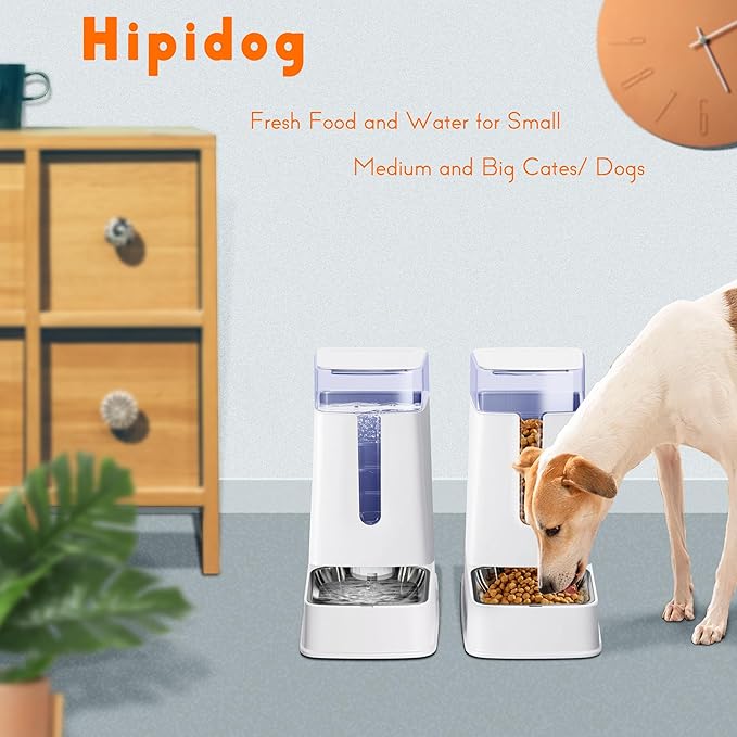 Cat Food Dispenser and Cat Water Dispenser Set with Stainless Steel Bowls Gravity Dog Feeder for Small Medium Big Cat Dog Pet Puppy Kitten, 1 Gallon x 2